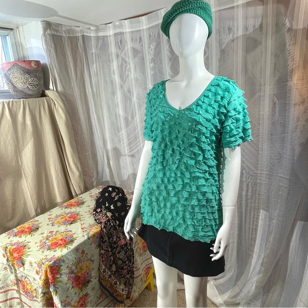 Jaclyn Smith Light Green Turquoise Ruffled Blouse Short Sleeve XL Women Textural